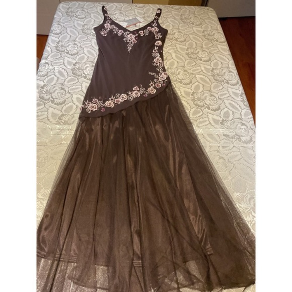 R&M Richards Gown Womens 6P Brown NWT Floral Embroidered Tulle Maxi Dress - Picture 6 of 10